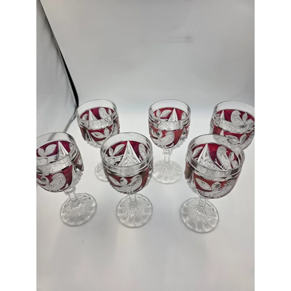 Vintage Bohemian Ruby Red Cut to Clear Crystal Wine Goblets Etched Bird Set of 6
